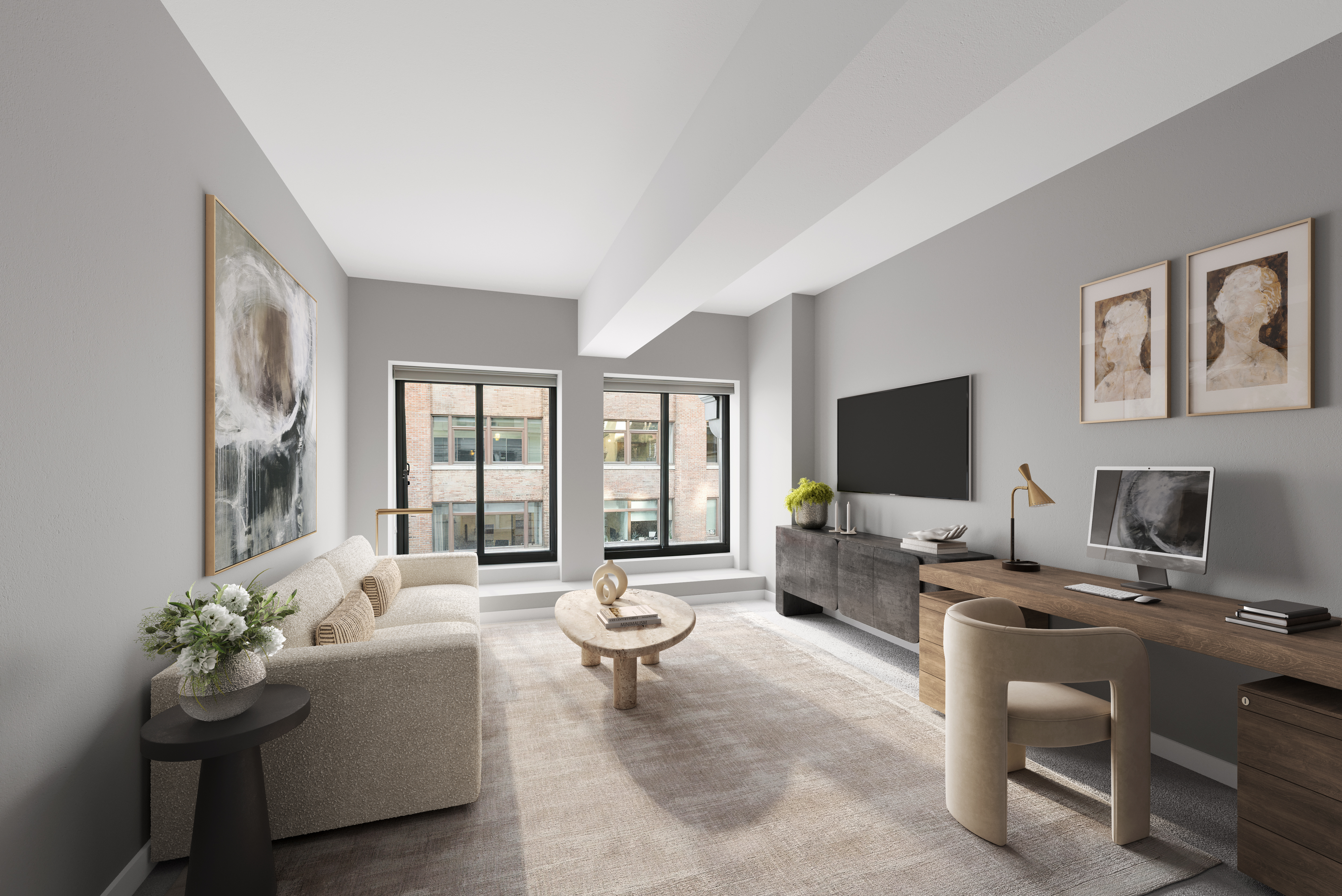 421 Hudson Street, Unit 213 Manhattan, NY 10014 - Photo 3 of 7 a living room with furniture a flat screen tv and a large window