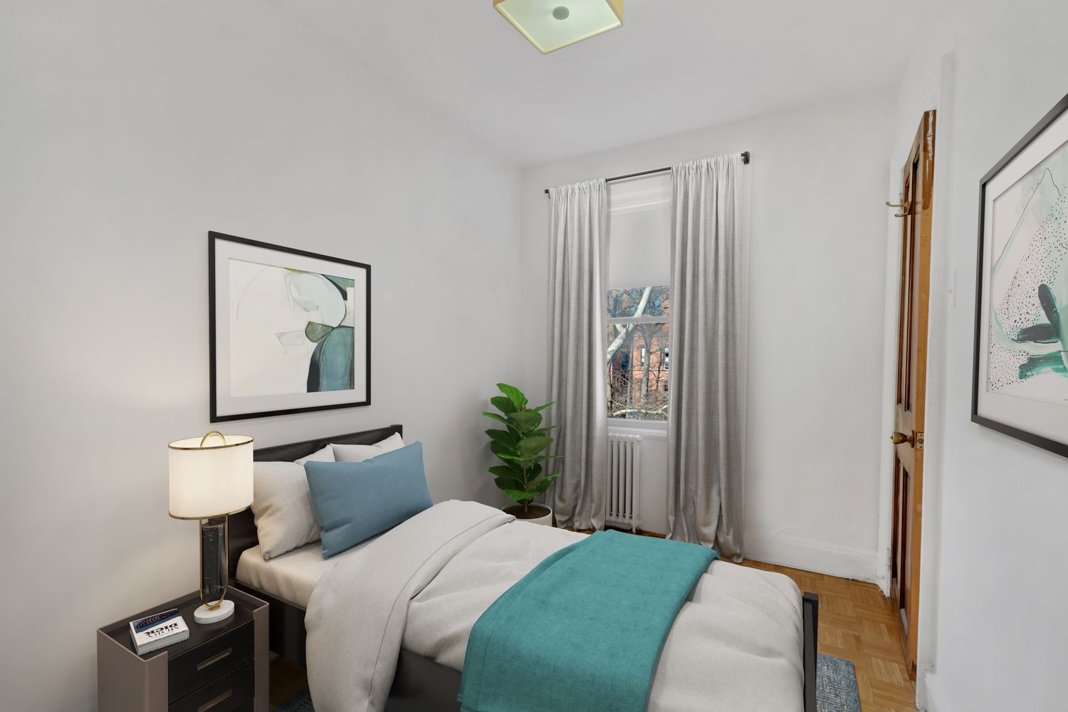 48 Livingston Street, Unit 3F Brooklyn, NY 11201 - Photo 4 of 11 a bedroom with a bed and a lamp with window