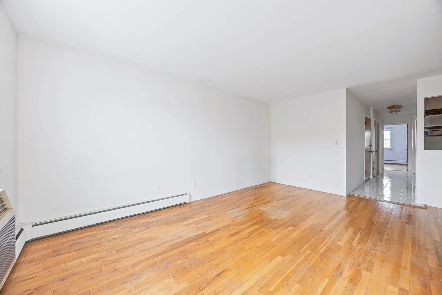 a view of empty room with wooden floor