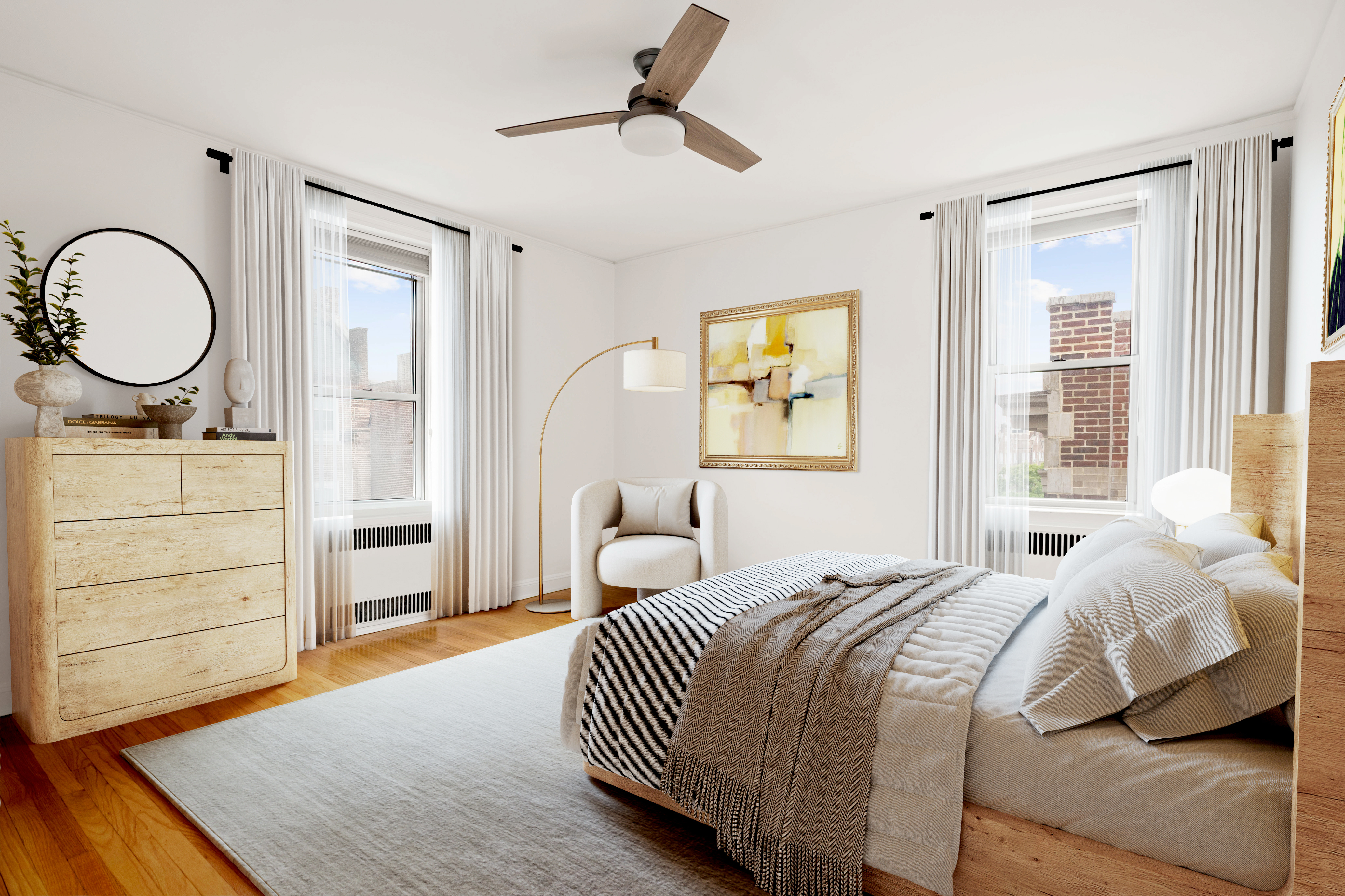 76-12 35th Avenue, Unit 6J Queens, NY 11372 - Photo 3 of 17 a bedroom with a bed a dresser and a window