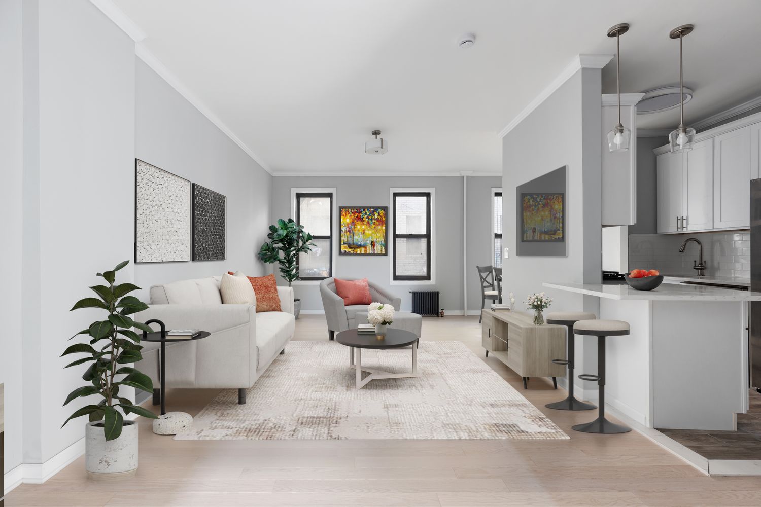 a living room with furniture or window and a potted plant