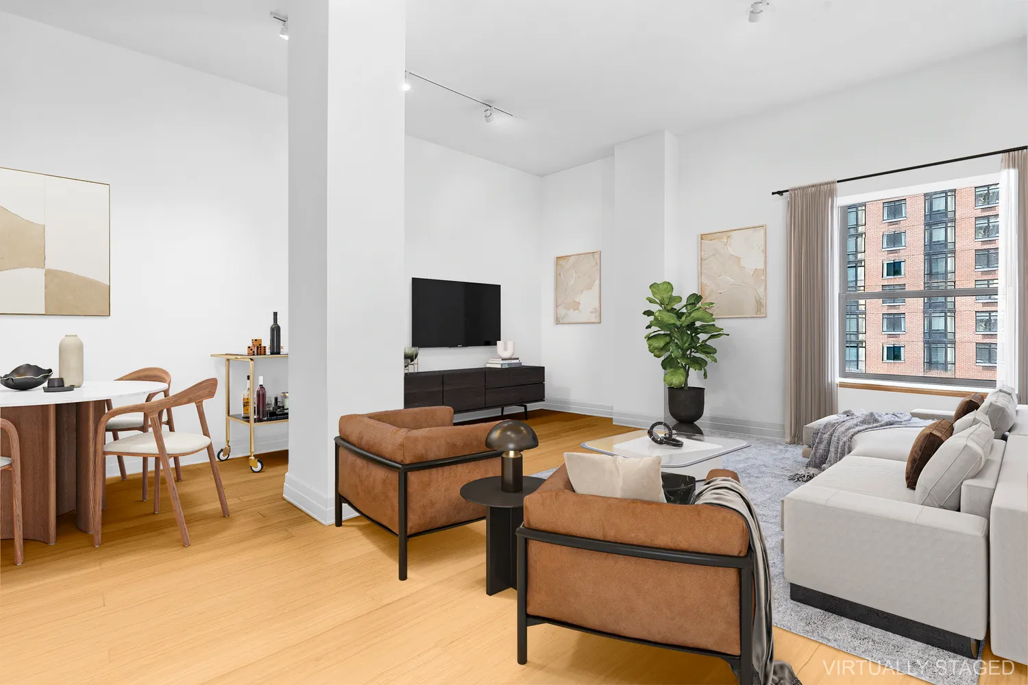a living room with furniture a flat screen tv and a large window