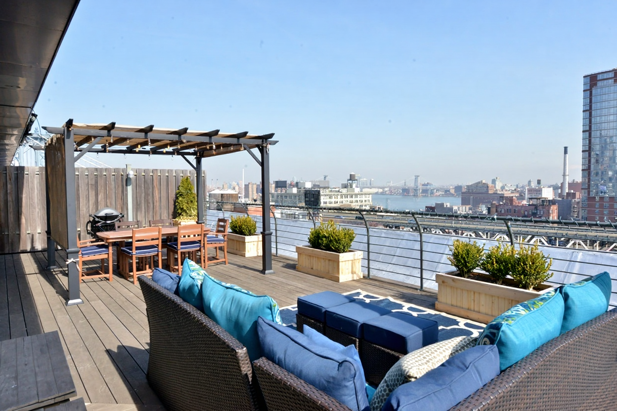 70 Washington Street, Unit 8H Brooklyn, NY 11201 - Photo 19 of 21 an outdoor sitting area with furniture and view of city from a balcony