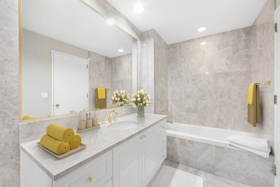 220 Riverside Boulevard, Unit 39B Manhattan, NY 10069 - Photo 9 of 16 a bathroom with a tub sink and mirror