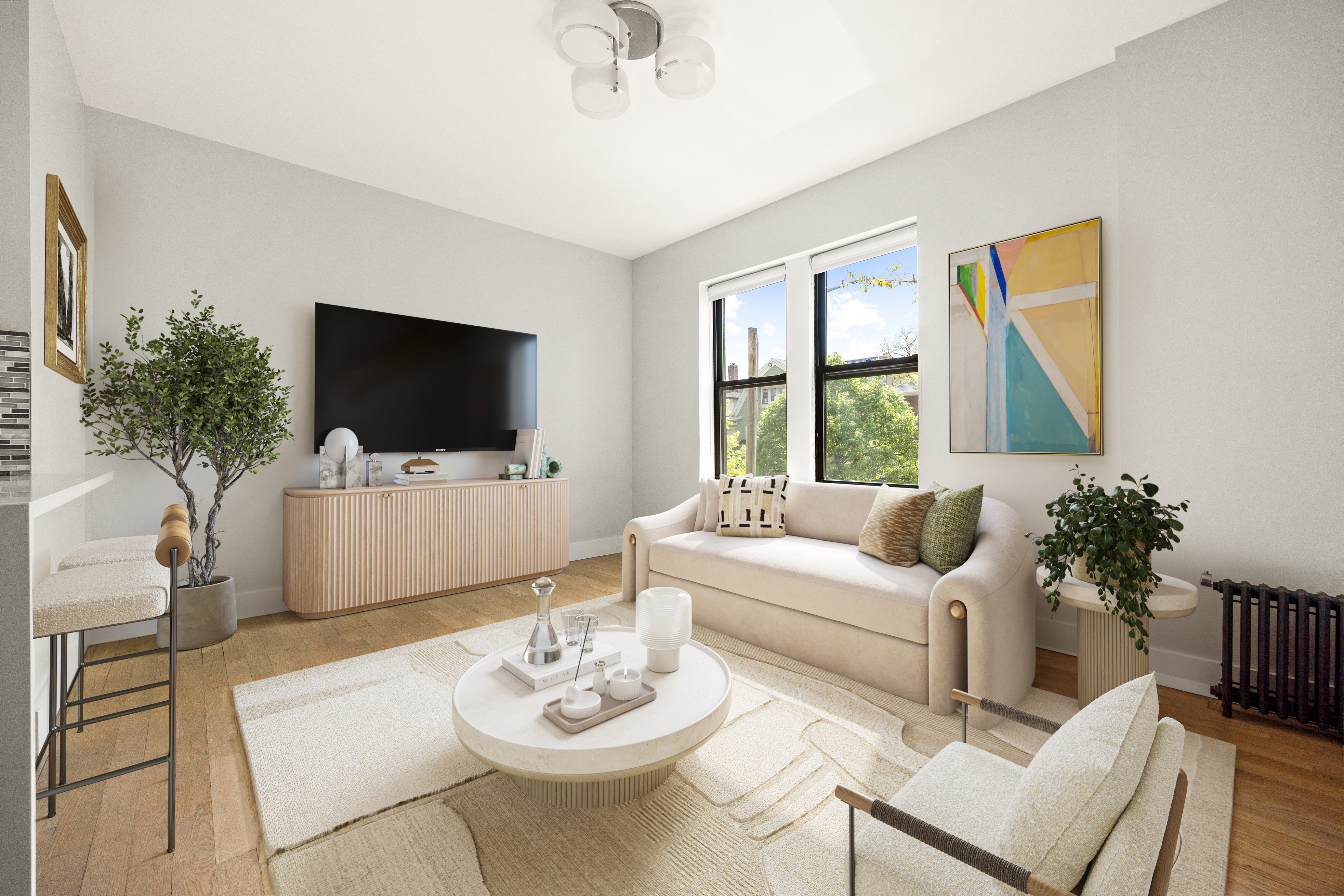 a living room with furniture a flat screen tv and a large window