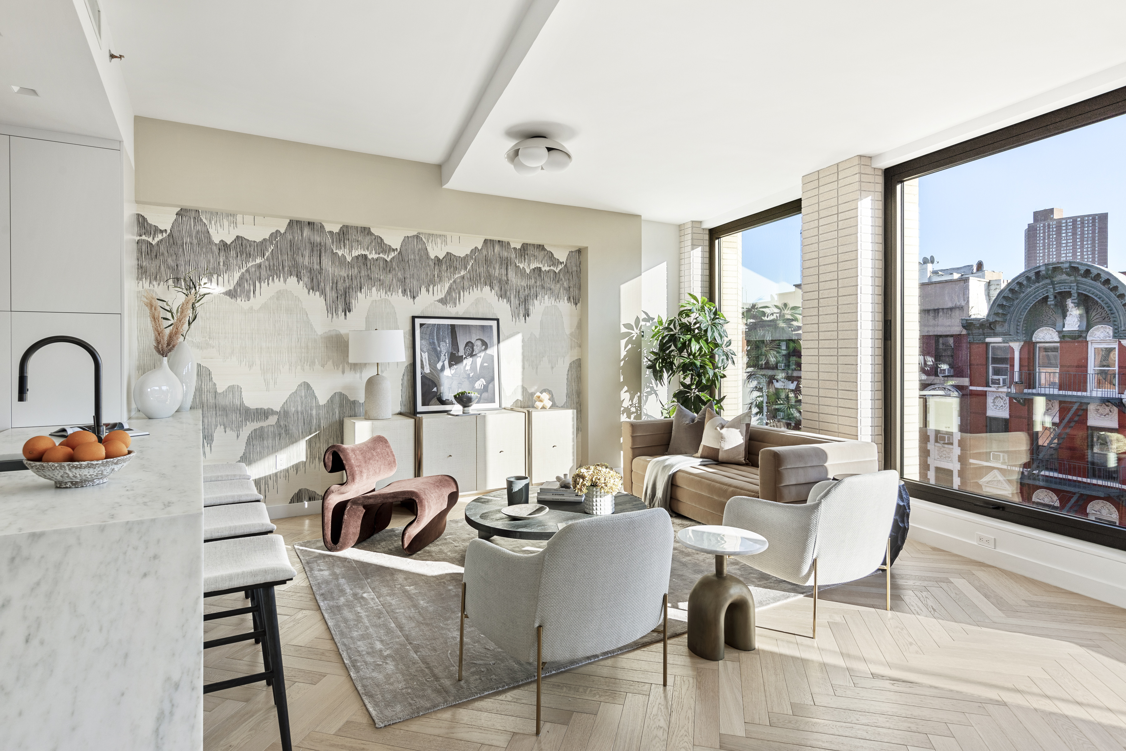 378 Broome Street, Unit PH Manhattan, NY 10013 - Photo 9 of 25 a living room with furniture and large windows