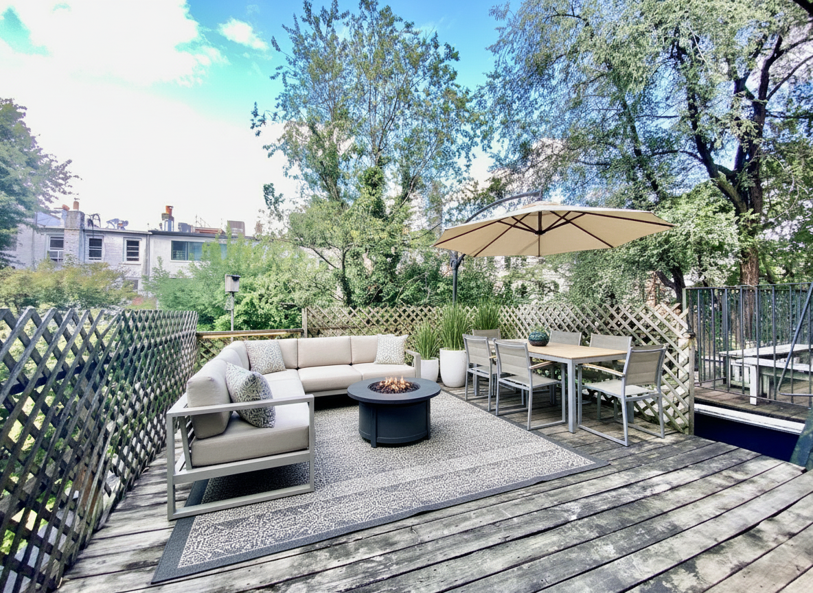87 Wyckoff Street, Unit 3 Brooklyn, NY 11201 - Photo 8 of 10 a view of a roof deck with table and chairs under an umbrella with wooden floor