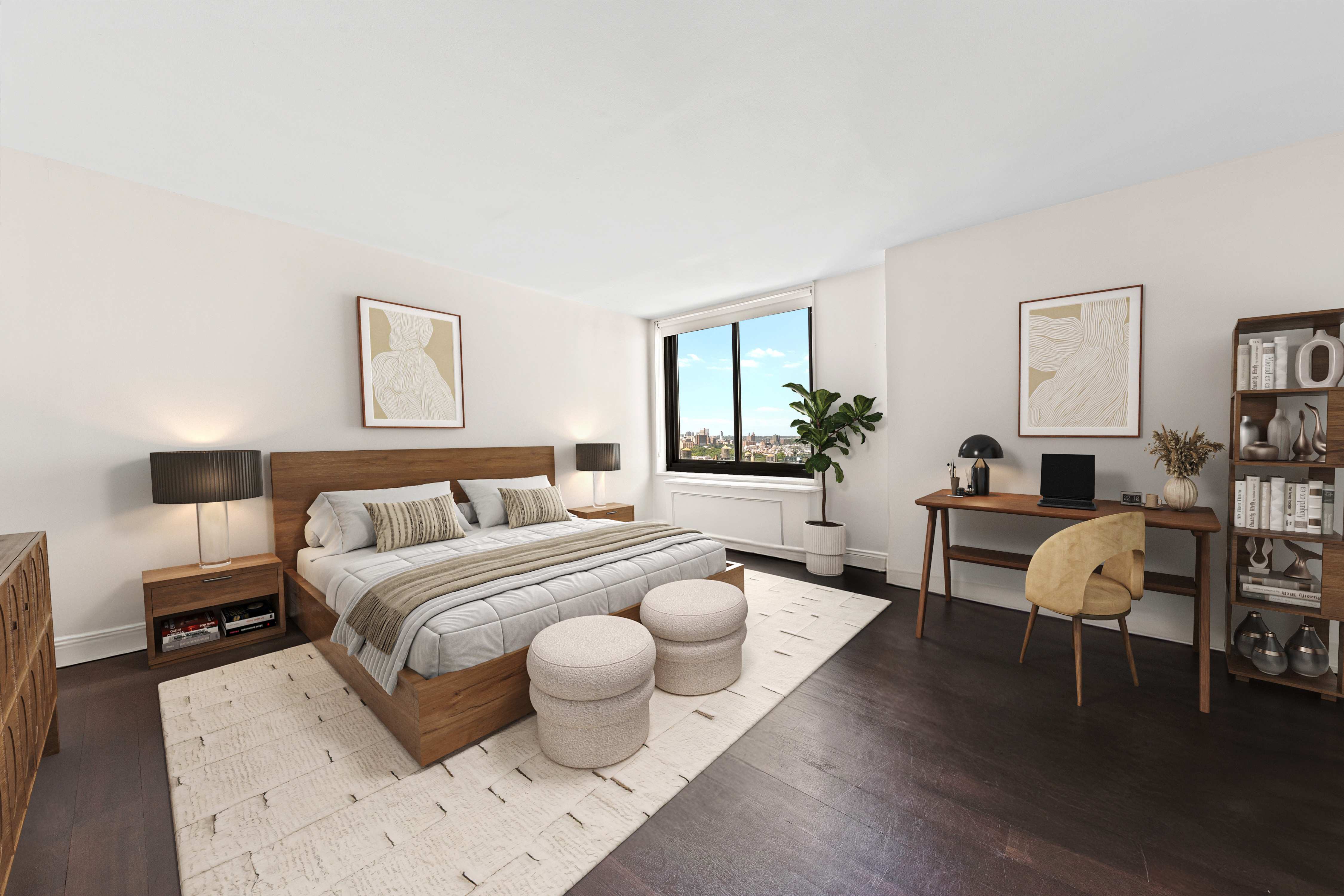 40 East 94th Street, Unit 21F Manhattan, NY 10128 - Photo 3 of 8 a bedroom with furniture and wooden floor