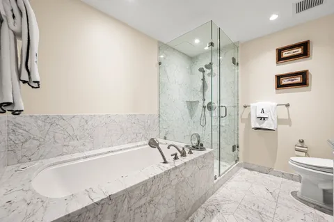 a bathroom with a bathtub and a shower