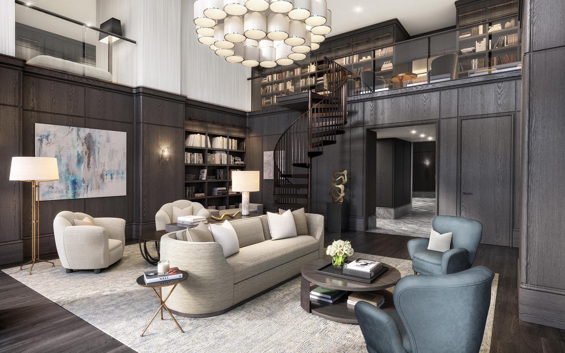 45 East 22nd Street, Unit 52/53B Manhattan, NY 10010 - Photo 25 of 27 a living room with furniture a chandelier and a chandelier