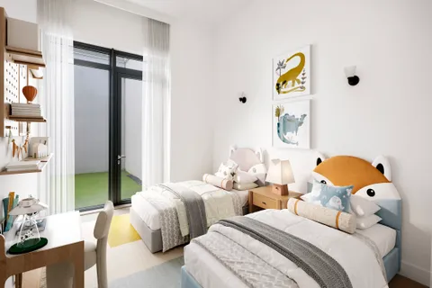 a bedroom with two beds and a window