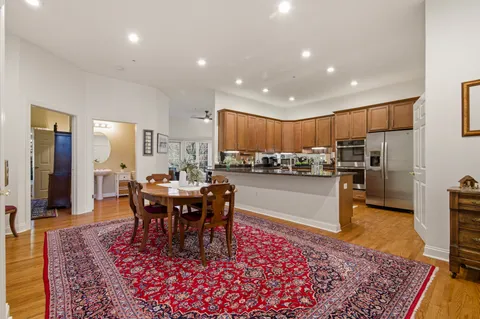 a view of a dining room with furniture