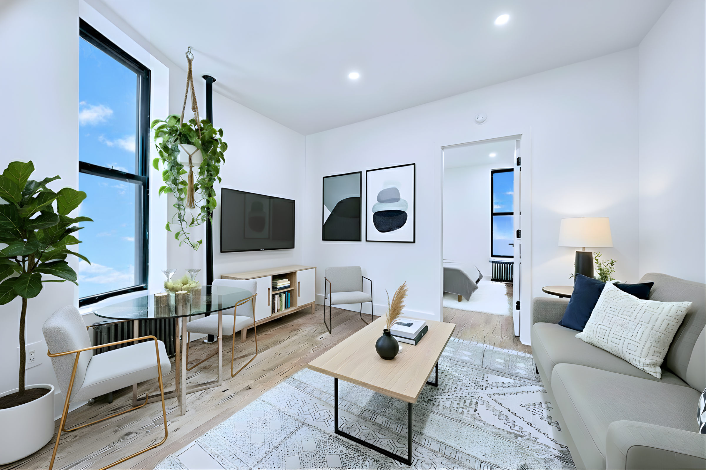 66 West 138th Street, Unit 5B Manhattan, NY 10037 - Photo 2 of 5 a living room with furniture potted plant and a flat screen tv