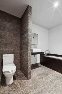 a bathroom with a toilet and a bathtub