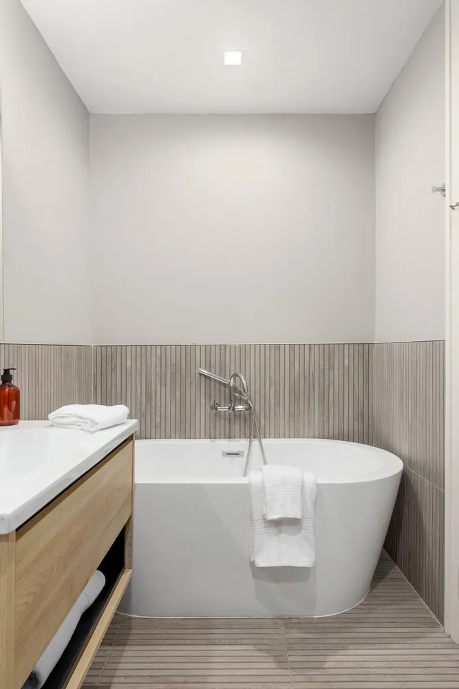 a view of a bathtub in a room