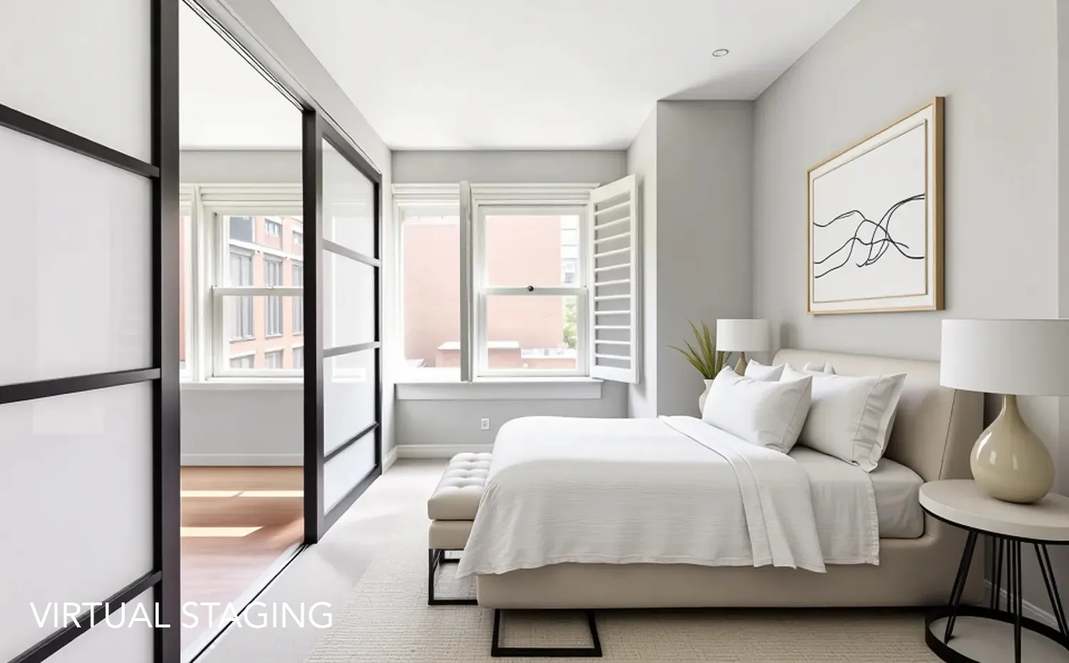 a bedroom with a bed and a large window