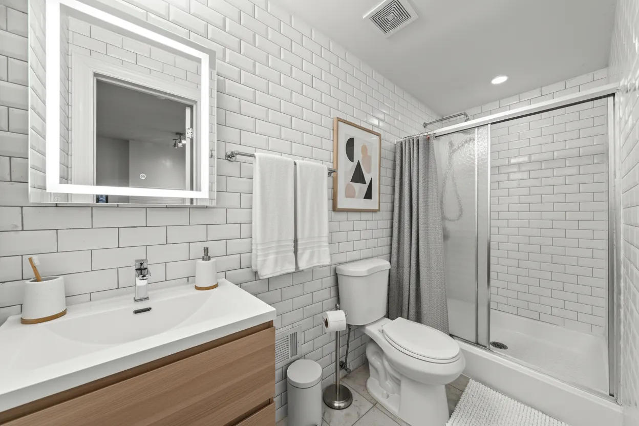 a bathroom with a sink toilet and shower