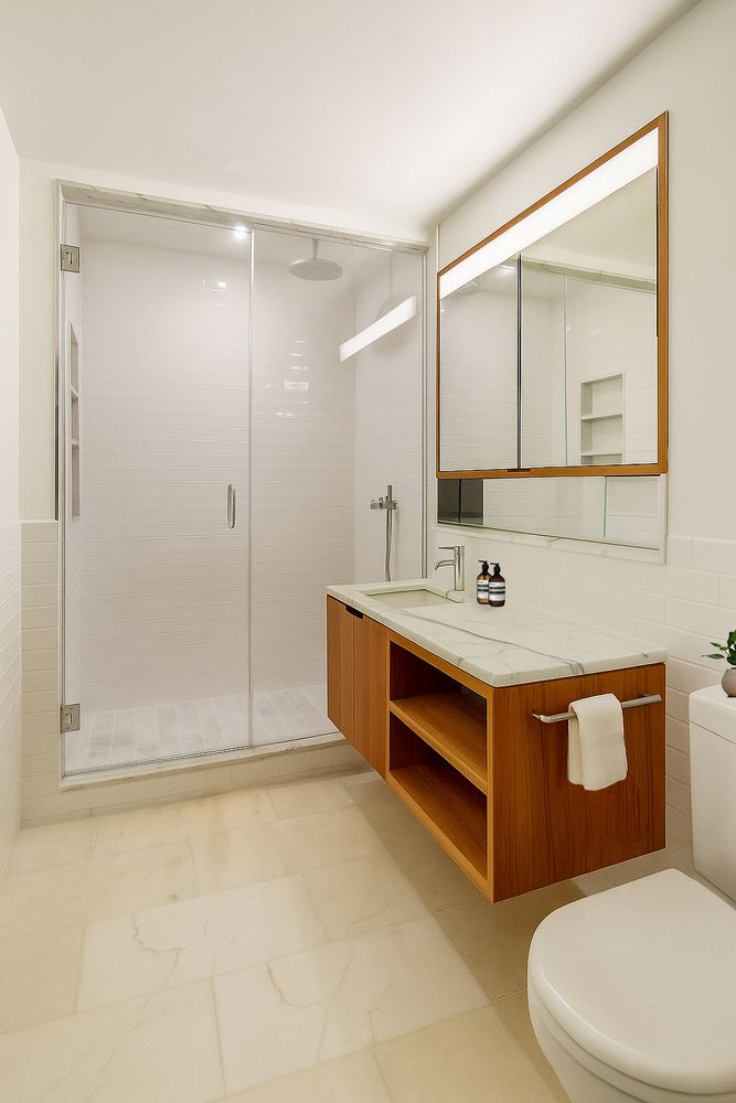 456 West 19th Street, Unit 6/7F Manhattan, NY 10011 - Photo 7 of 13 a bathroom with a sink mirror vanity and toilet