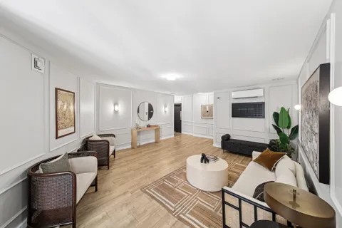a living room with furniture and a potted plant