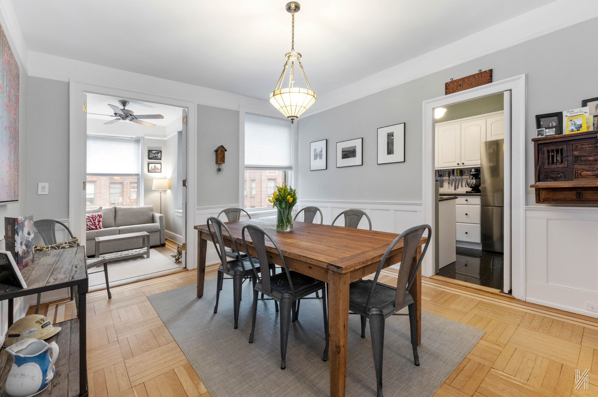 a view of a dining room with furniture