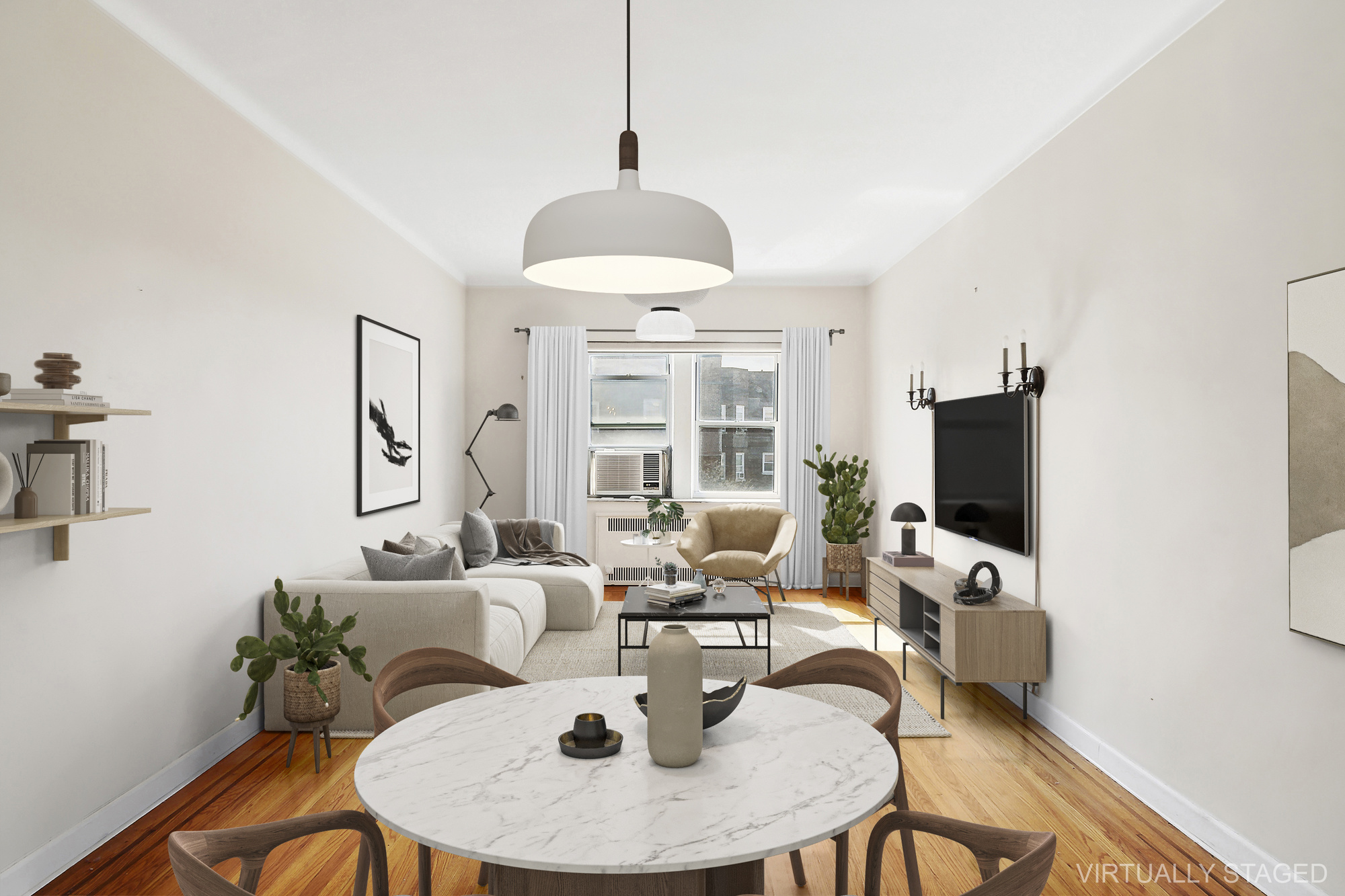 a living room with furniture a flat screen tv and a large window