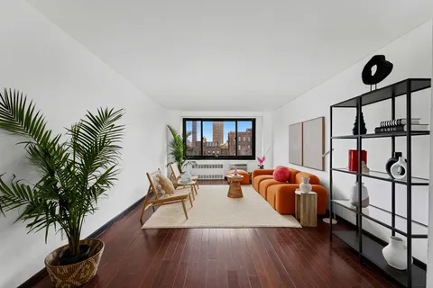 a living room with furniture and a potted plant