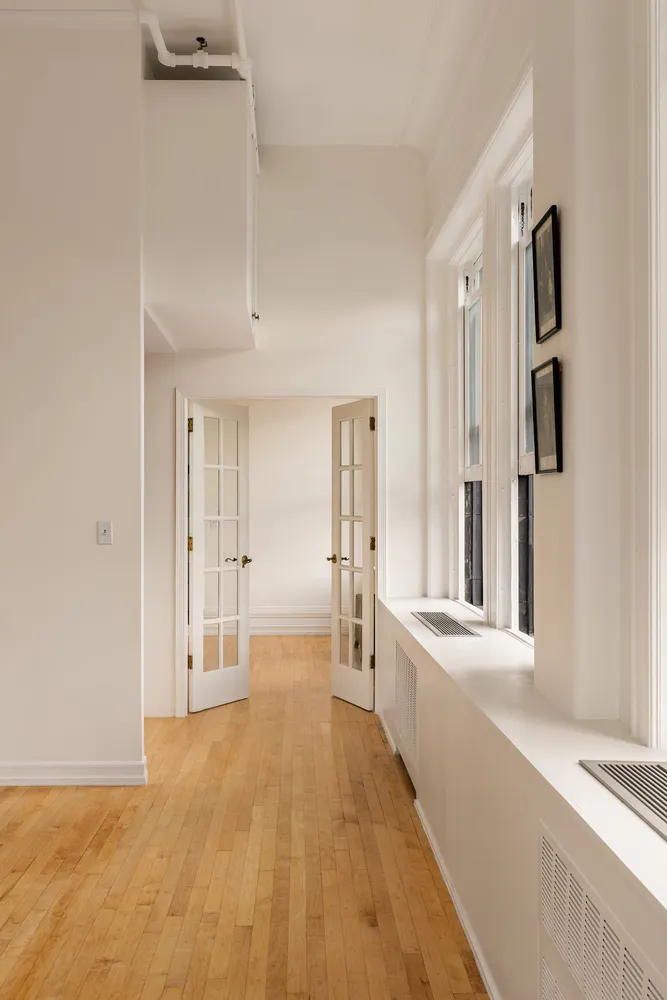 a view of a big room with closet and windows