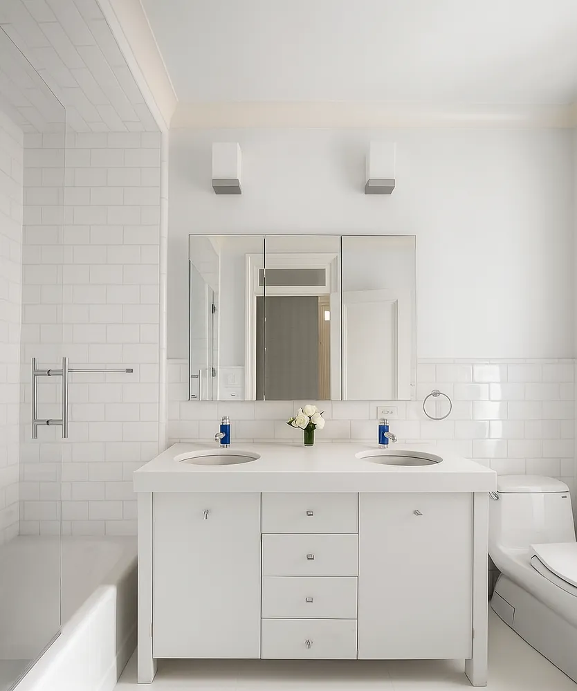 a bathroom with a double vanity sink mirror and