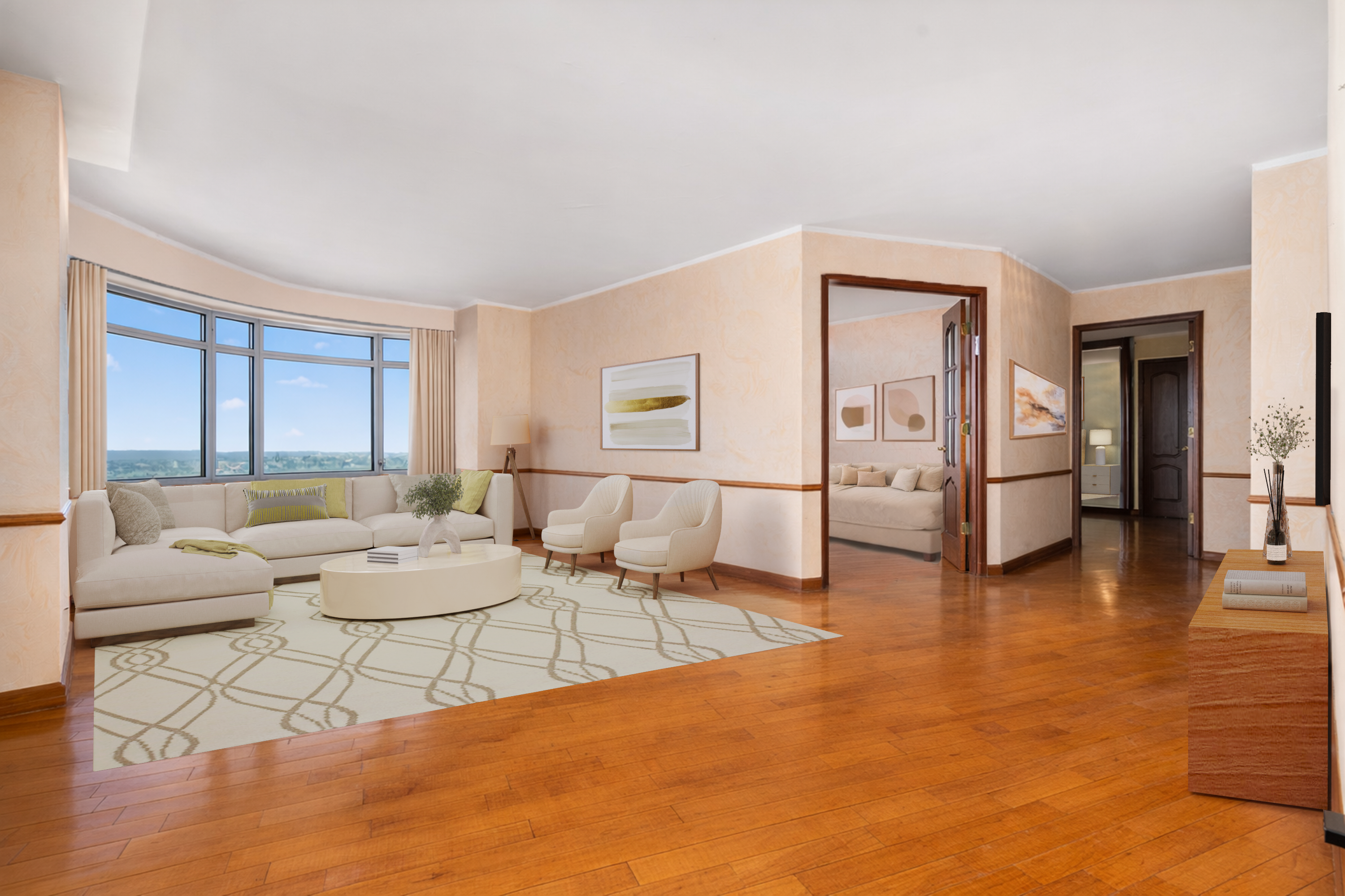 112-01 Queens Boulevard, Unit 17H Queens, NY 11375 - Photo 3 of 26 a living room with furniture and wooden floor
