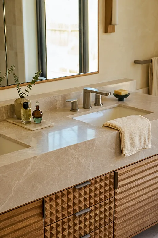 323 Bergen Street, Unit PH708E Brooklyn, NY 11217 - Photo 6 of 20 a bathroom with a granite countertop sink and a mirror