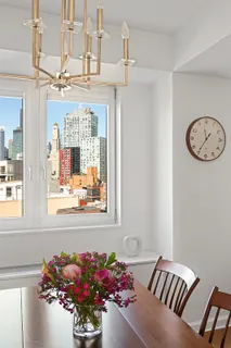 a view of a dining room with furniture