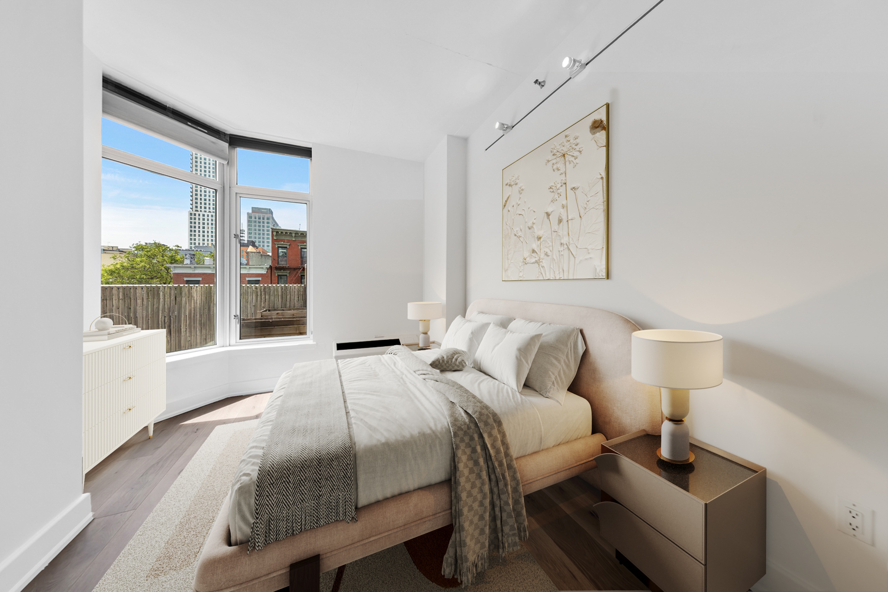 200 Franklin Street, Unit 3B Brooklyn, NY 11222 - Photo 5 of 7 a bedroom with a bed and glass window