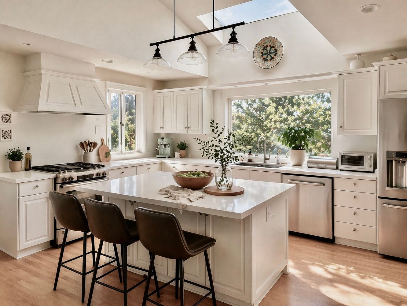 a kitchen with stainless steel appliances granite countertop a sink a stove a refrigerator and island with wooden floor