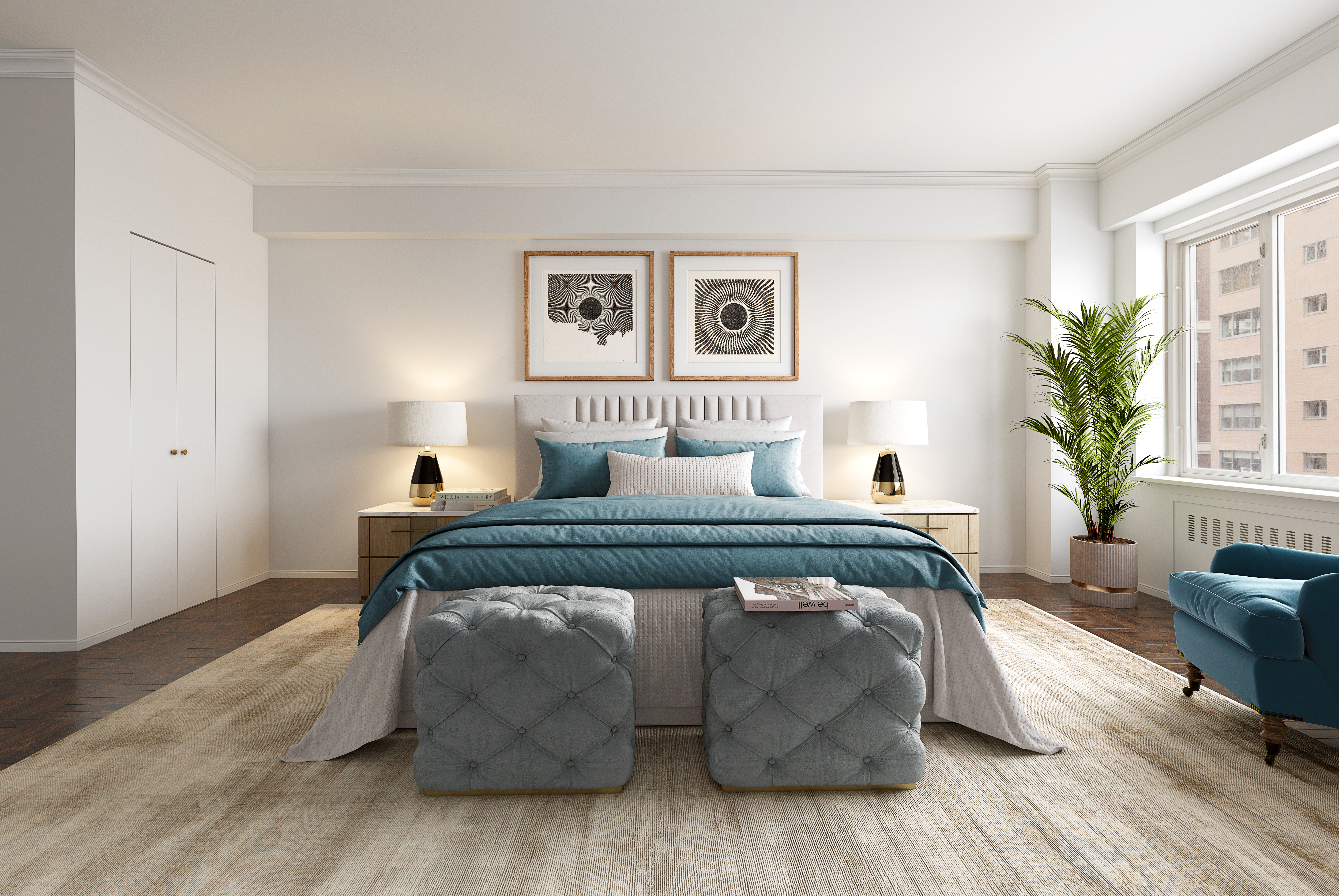 36 Sutton Place South, Unit 10B Manhattan, NY 10022 - Photo 8 of 16 a bedroom with a bed and a potted plant