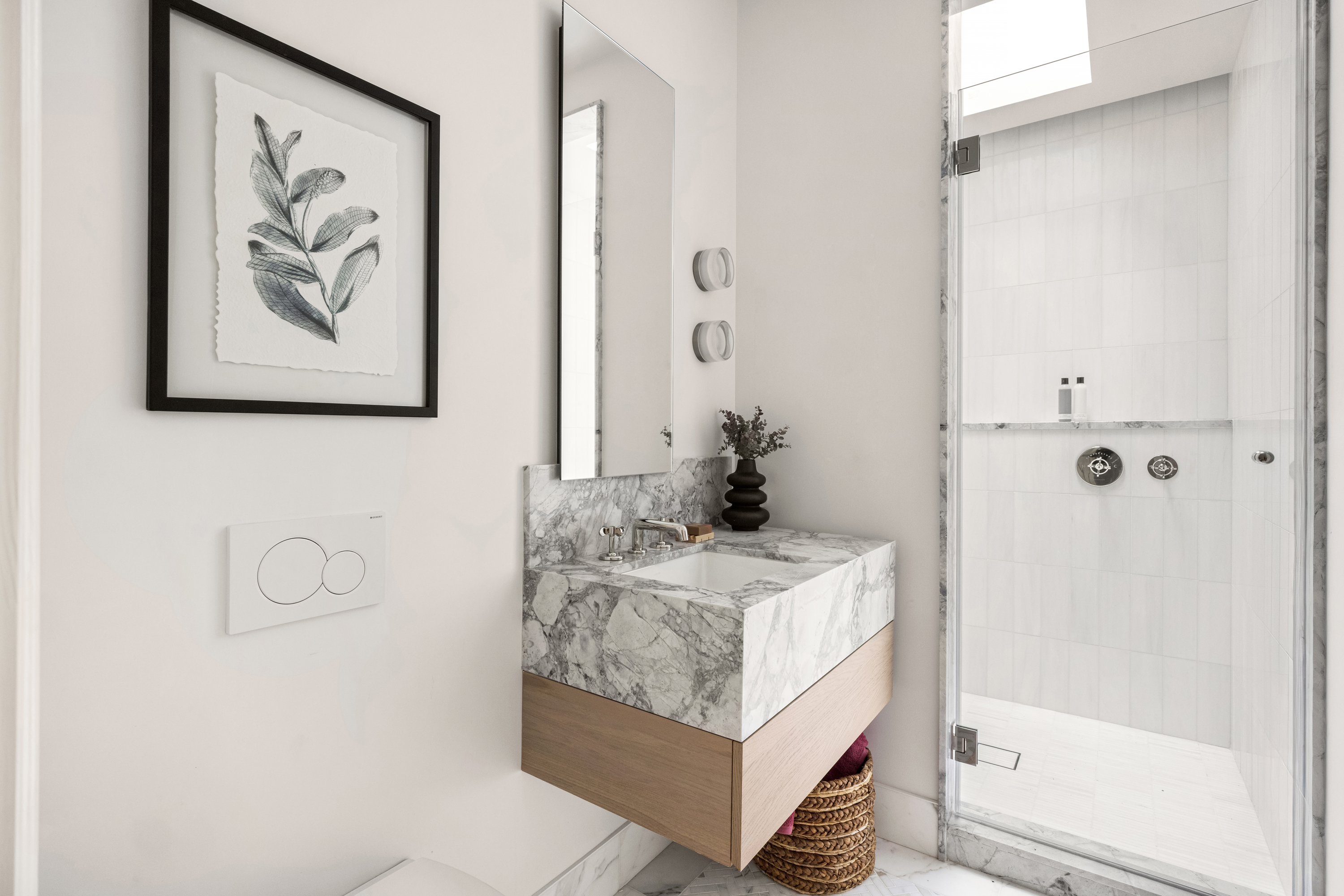 344 West 84th Street, Unit PH Manhattan, NY 10024 - Photo 15 of 19 a bathroom with a granite countertop sink a mirror and shower