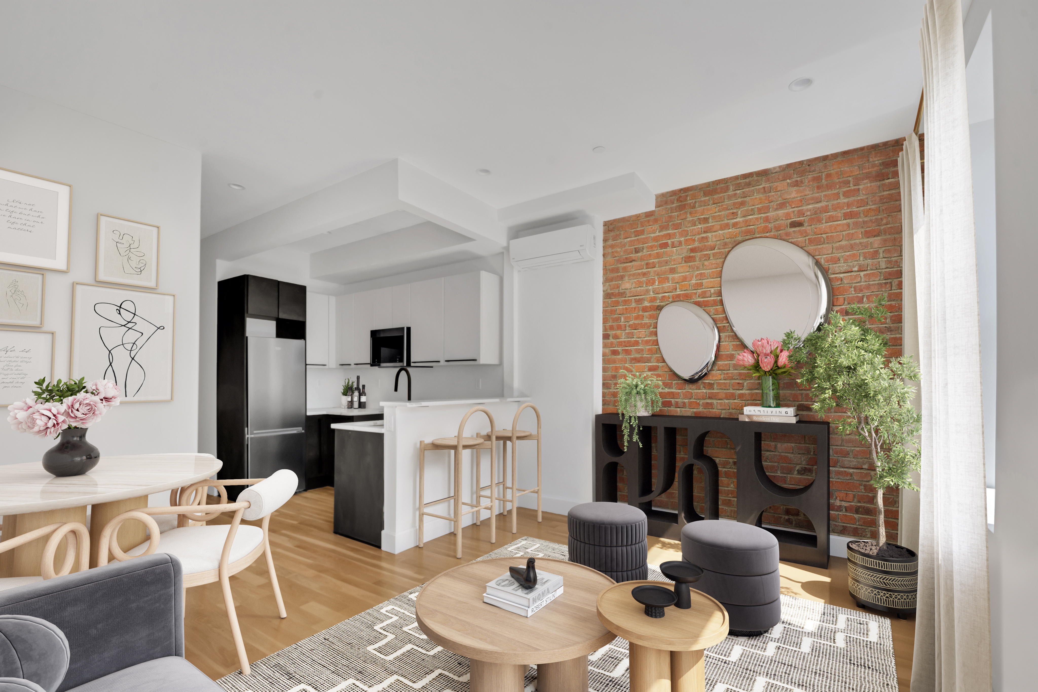 145 West 129th Street, Unit 3 Manhattan, NY 10027 - Photo 2 of 11 a living room with furniture a chandelier and a fireplace