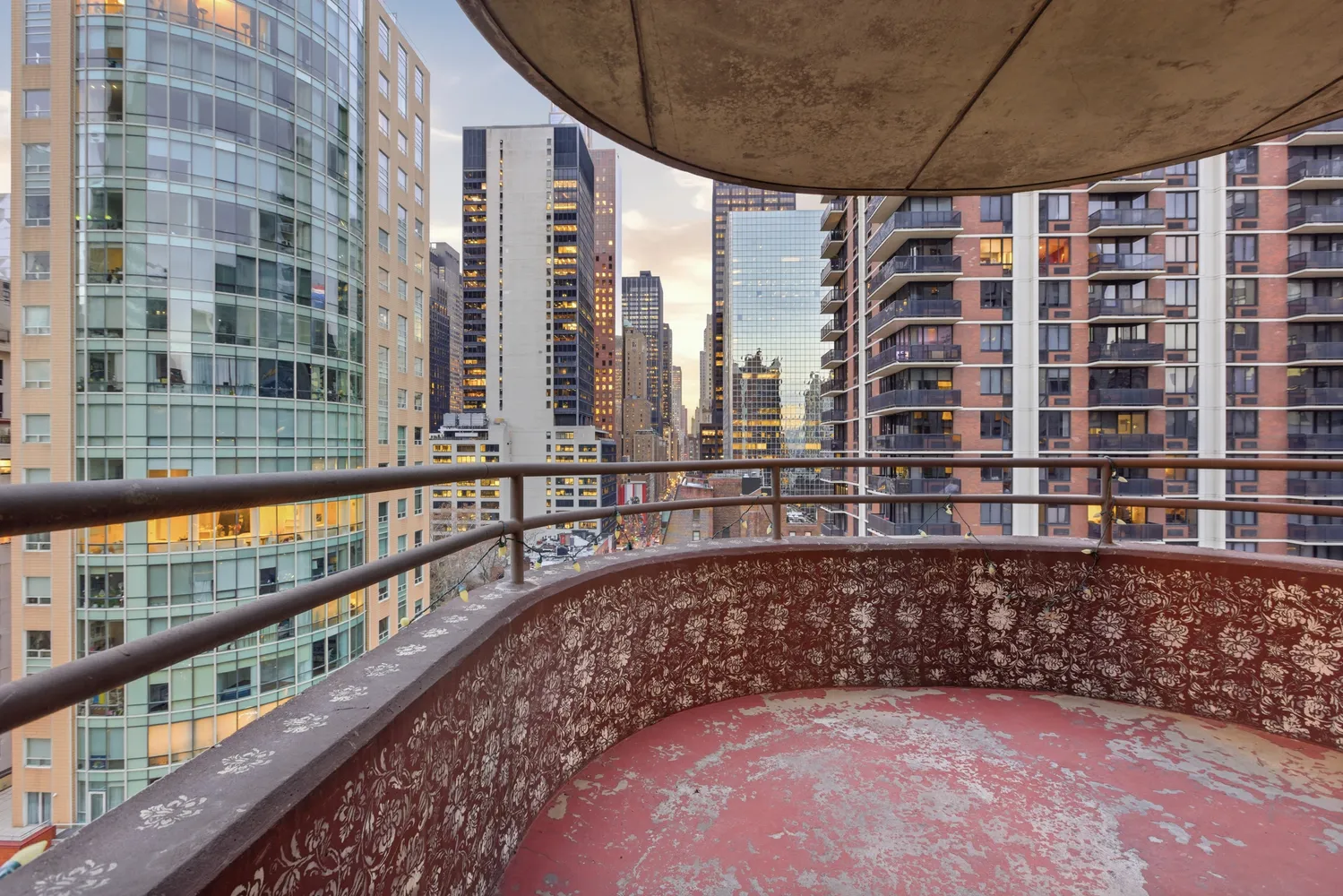 a view of a building from a balcony