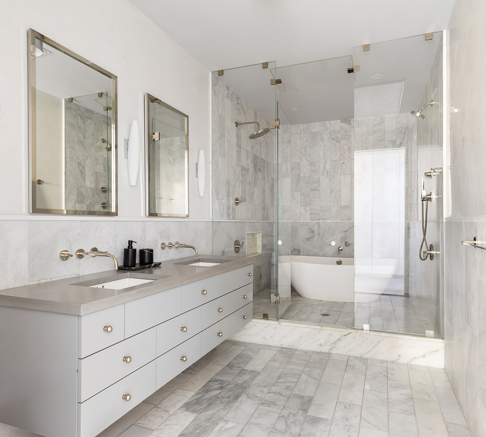 100 Hudson Street, Unit 7BC Manhattan, NY 10013 - Photo 13 of 20 a bathroom with a double vanity sink mirror double and shower