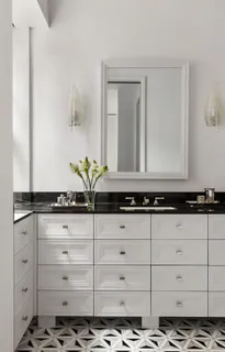 a bathroom with a mirror and a sink