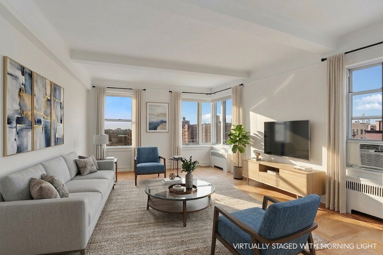 250 Cabrini Boulevard, Unit 9E Manhattan, NY 10033 - Photo 2 of 19 a living room with furniture and a flat screen tv