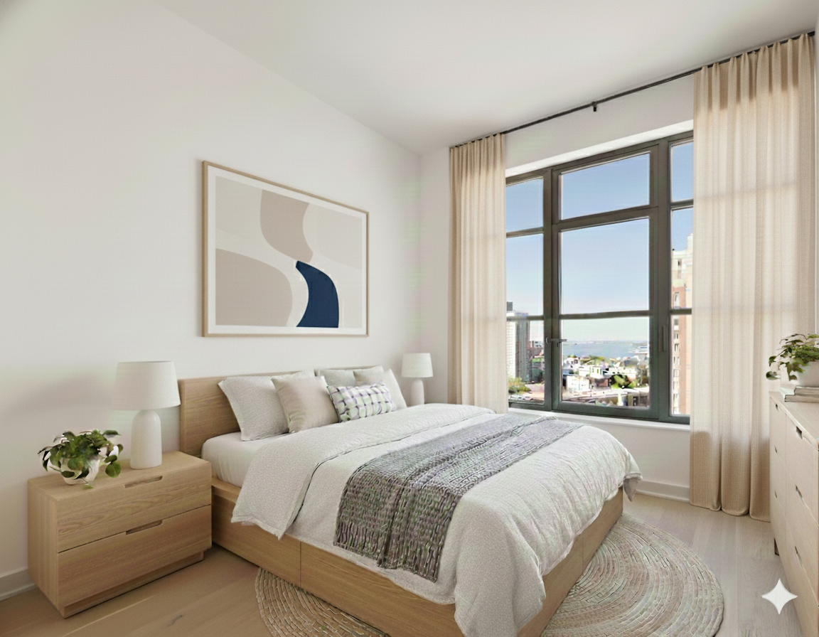 115 York Street, Unit 17A Brooklyn, NY 11201 - Photo 10 of 12 a bedroom with a bed and a large window