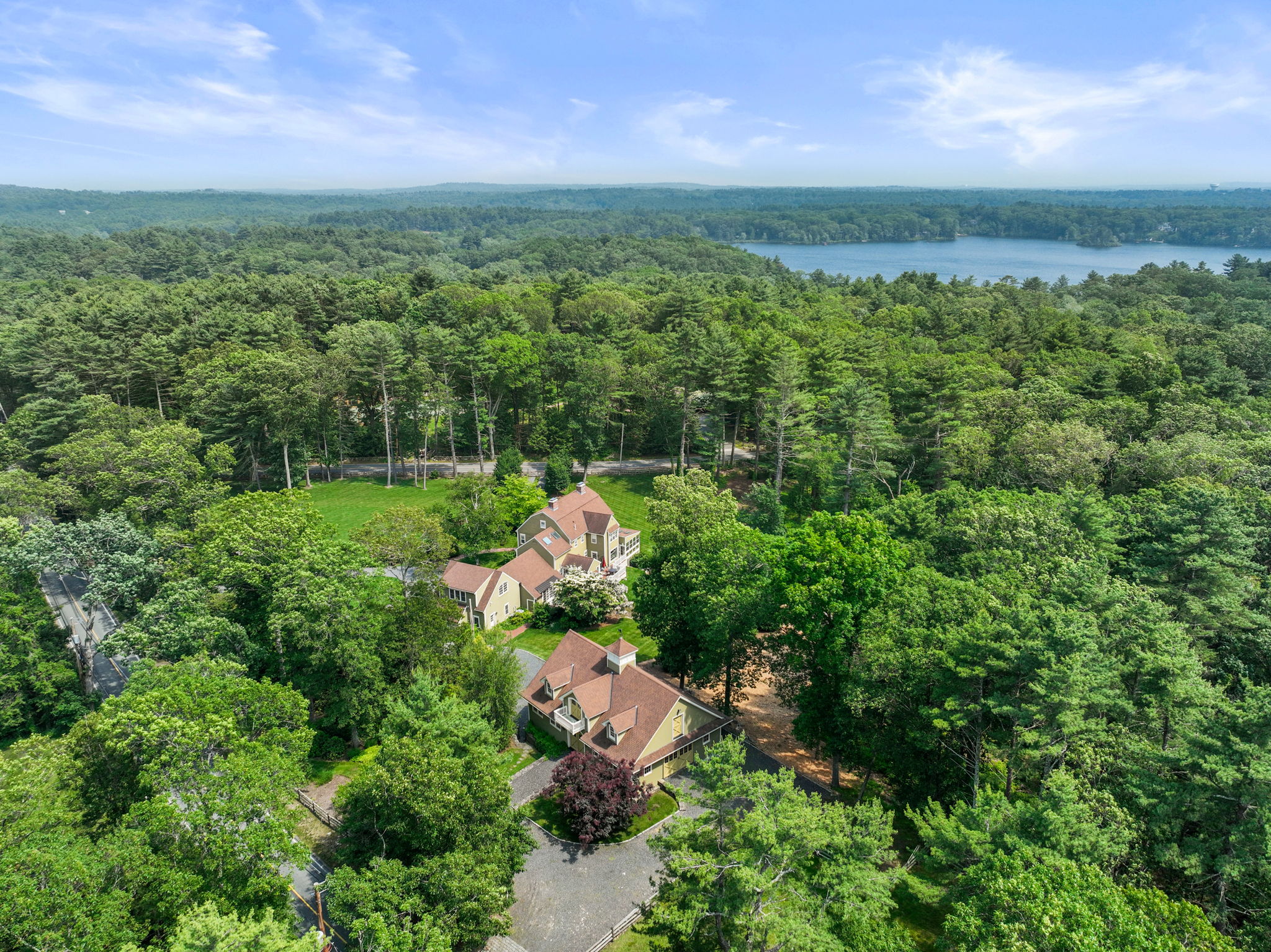 a view of a lush green outdoor space with a lake in the background