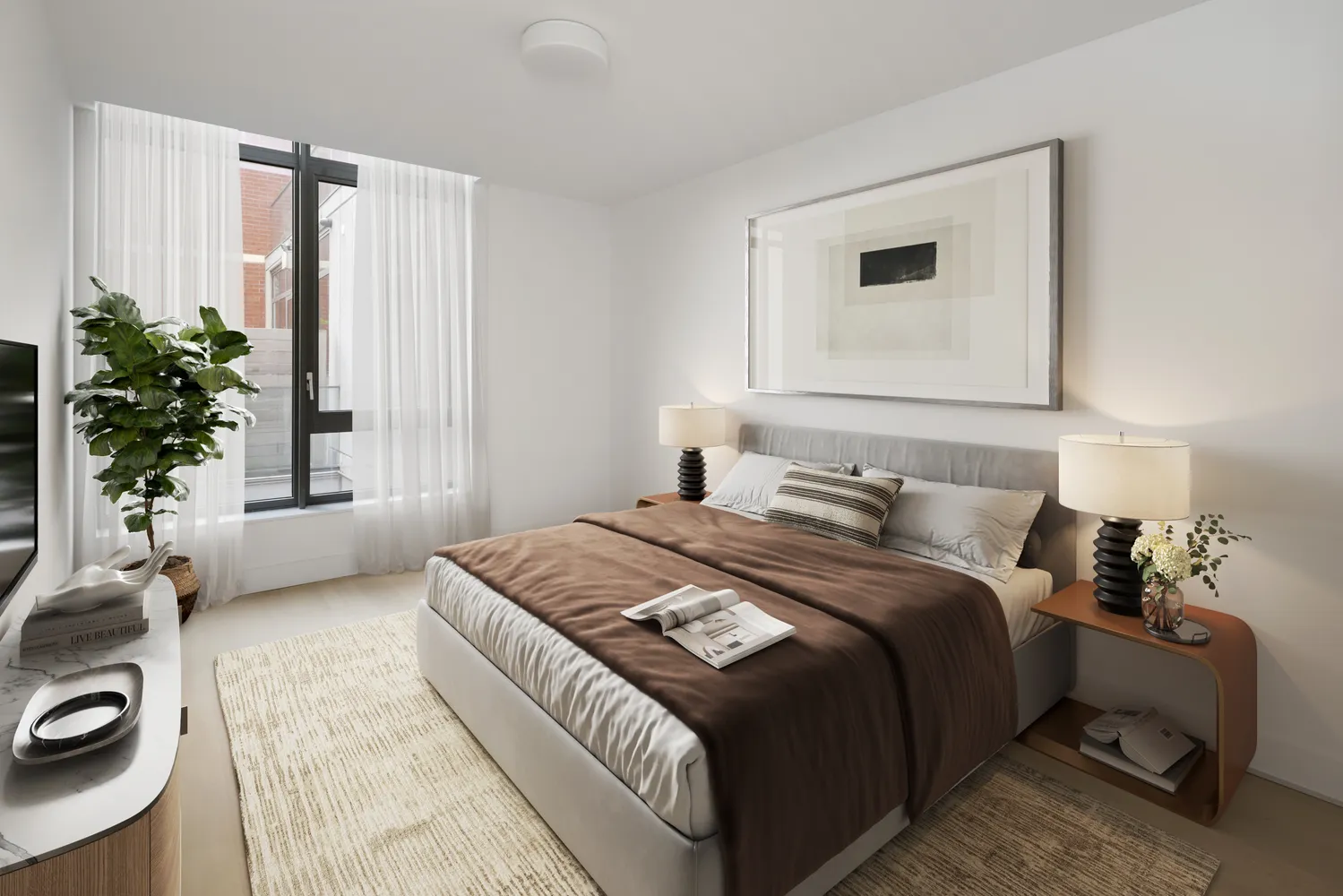 a bedroom with a bed and a potted plant