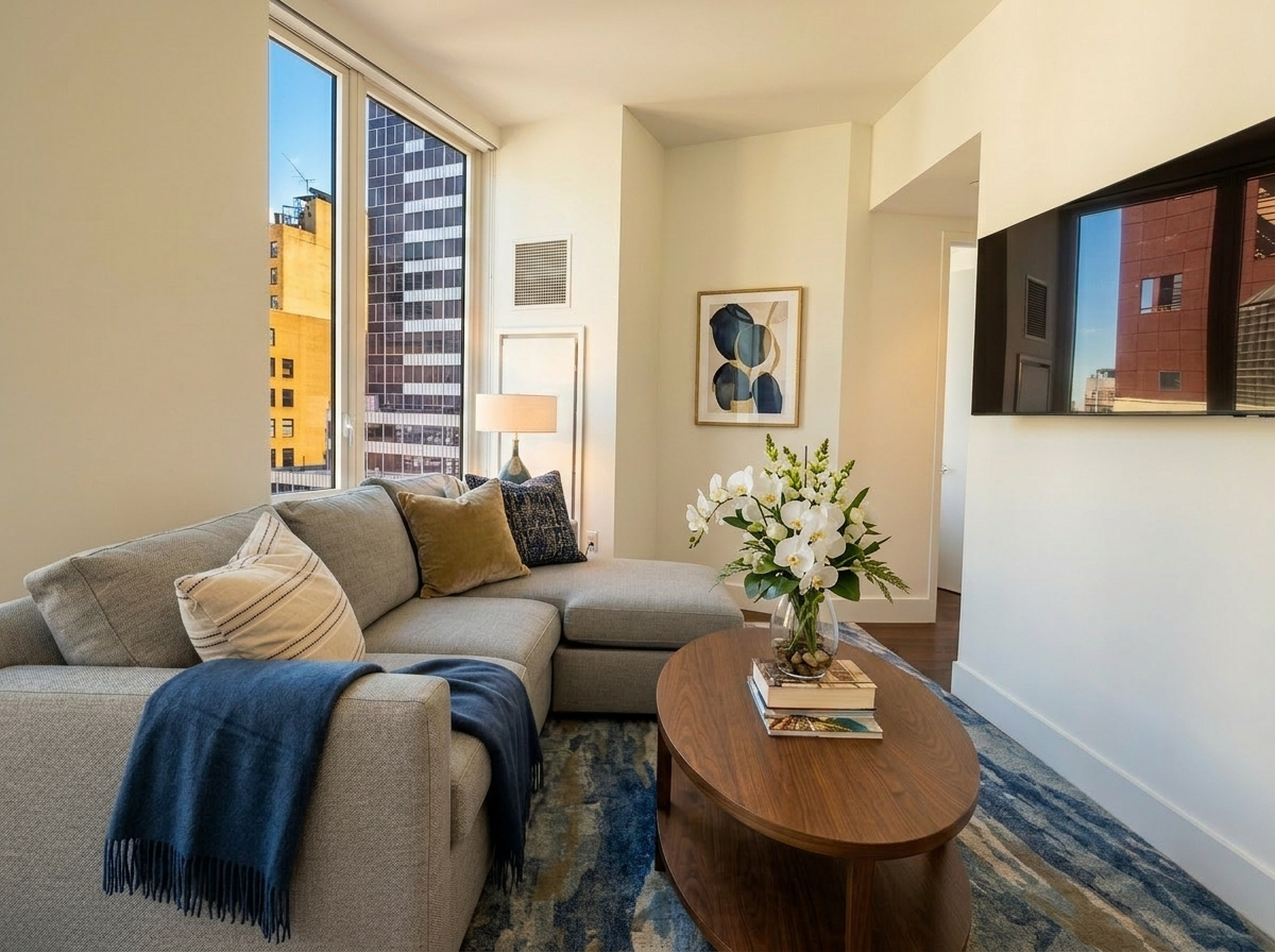 222 East 44th Street, Unit 21F New York, NY 10017 - Photo 4 of 9 a living room with furniture and a potted plant