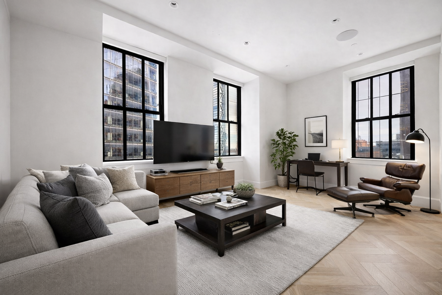 100 Barclay Street, Unit 21AD Manhattan, NY 10007 - Photo 20 of 37 a living room with furniture flat screen tv and a large window