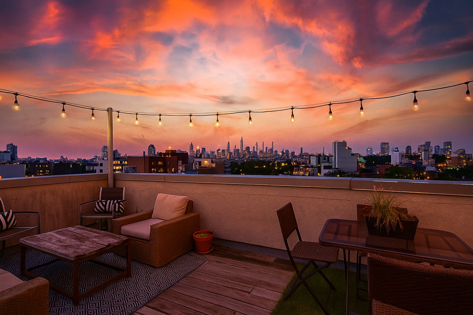 a view of a terrace with outdoor seating