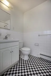 a bathroom with a sink a toilet and a mirror