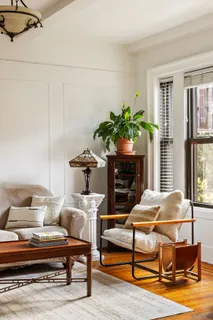 a living room with furniture and a potted plant