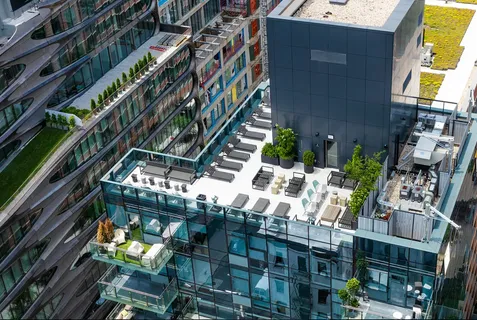 a picture of building exterior with outdoor seating