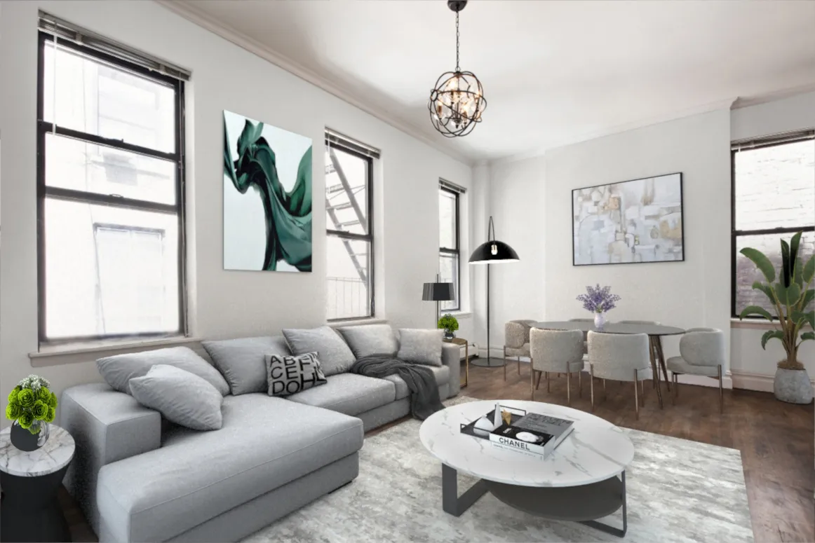 a living room with furniture a rug and a window